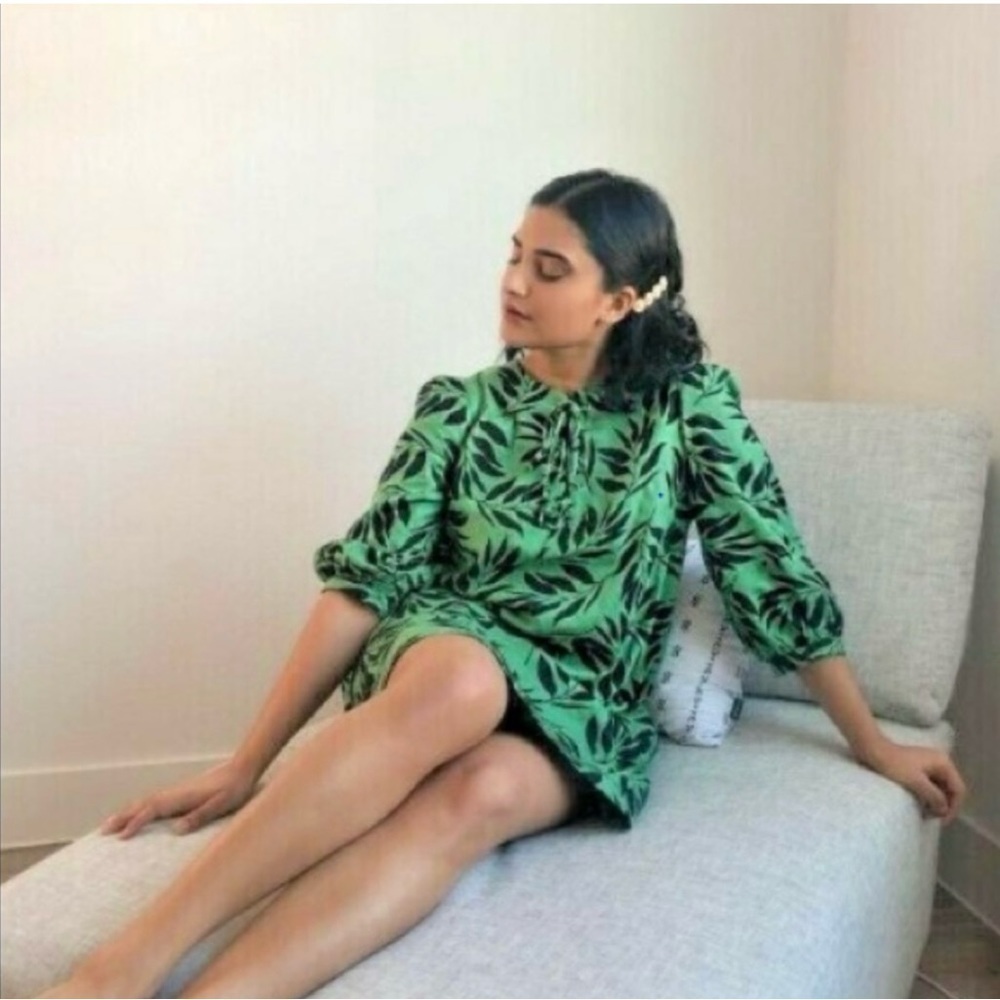 Who What Wear Linen Blend Green and Black Leaf Print Dress with Pockets M - Picture 2 of 10